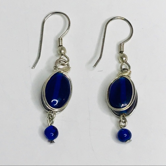 Blue Earrings Wire Pierced Artisan Made Dangle - Picture 1 of 6